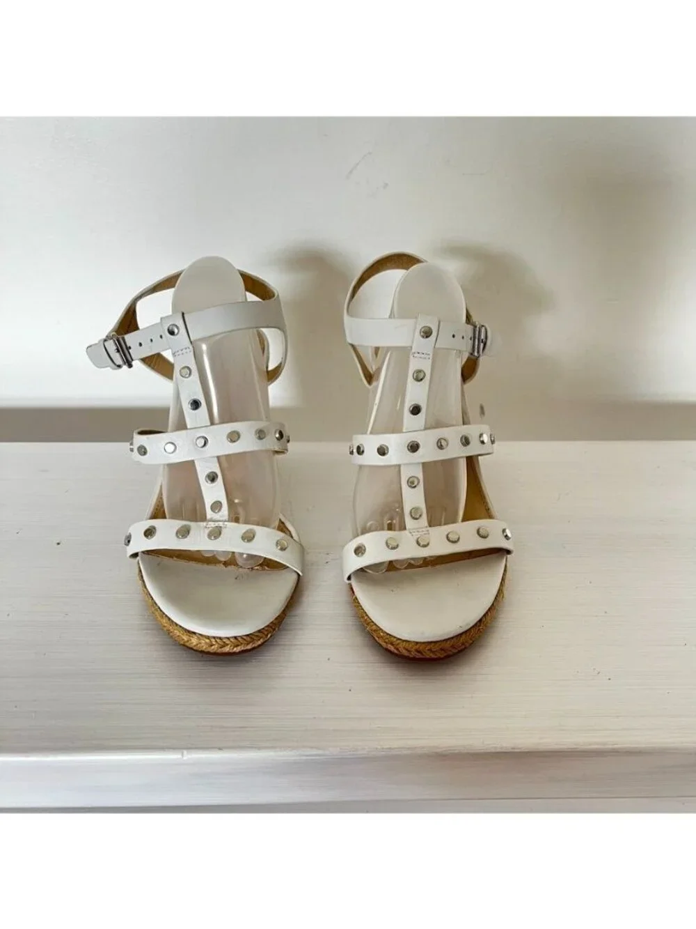 Via Spiga Womens 8.5 White Studded Espadrille Wedge Sandals Vacation Resort